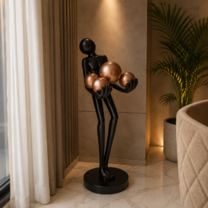 Abstract Human Figure Sculpture with Copper Spheres – Modern Luxury Floor Decor Statue