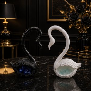 Elegant Swan Couple Sculpture Set of 2 – Black & White Luxury Bird Figurines