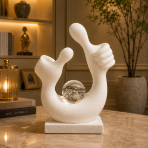 Eternal Affirmation Sculpture – Luxury Marble Thumbs-Up Decor with Crystal Sphere