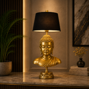 Golden Buddha Table Lamp – Luxury Buddhist Statue Accent Lamp with Black Shade for Home Decor