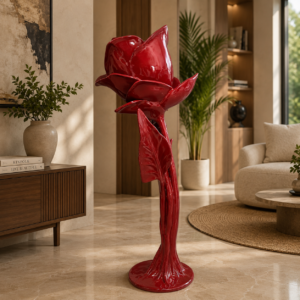 Luxury Burgundy Rose Floor Sculpture – Large 3D Floral Statement Decor with Leaves