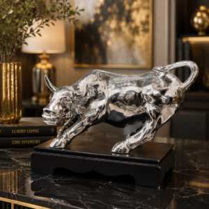 Luxury Charging Bull Sculpture – Black & Copper Metallic Finish Tabletop Home Decor