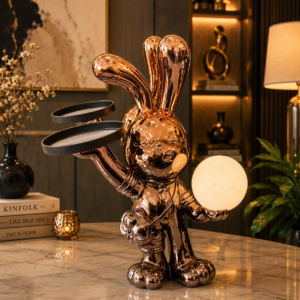 Luxury Rose Gold Rabbit Table Lamp & Organizer – Modern Decorative Accent with Dual Tray Holders