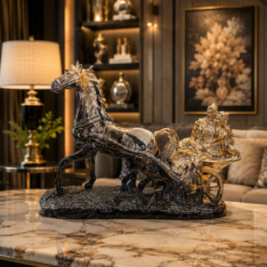 Luxury Silver & Gold Horse Chariot Sculpture with Ornate Seated Figure – Statement Home Decor