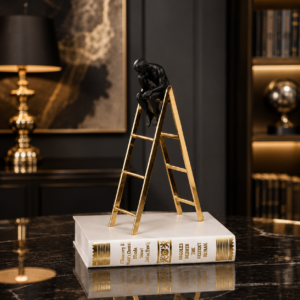 The Climb of Thought – Black & Gold Thinker Ladder Sculpture